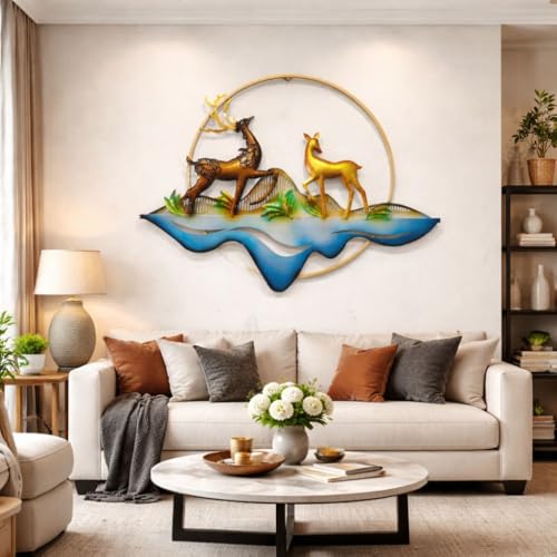 Image of SHREE 'O' GREEN TECH - Iron Big Handcrafted Metal Golden Deer Wall Art Leaf Frame Multicolor Decor for Home, Living Room, Drawing Room & Bedroom Decor (Size 34x25 Inch)