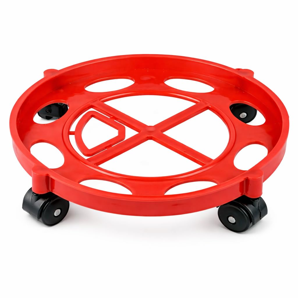 Shrusti LPG Gas Cylinder Stand Trolley (Pack of 1), Heavy Duty Plastic Cylinder Base with 360° Rotating Wheels, Movable Kitchen Gas Cylinder Holder, Red-image-20