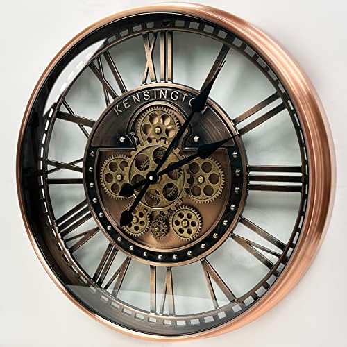 Close-up view of rotating golden gears in the clock.