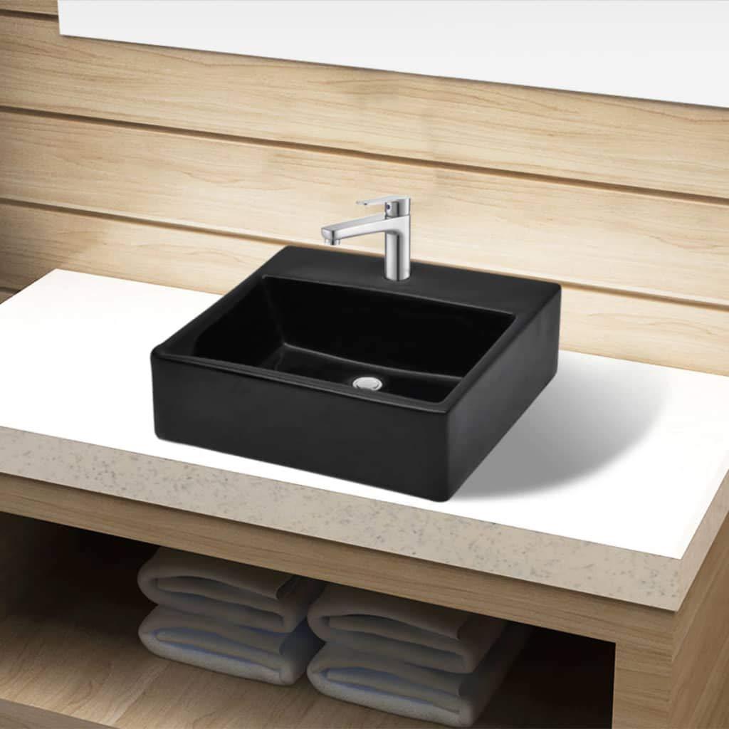 vidaXL Lavabo Cuadrado Moderno con Agujero de Grifo y Desagüe Cerámica Negro