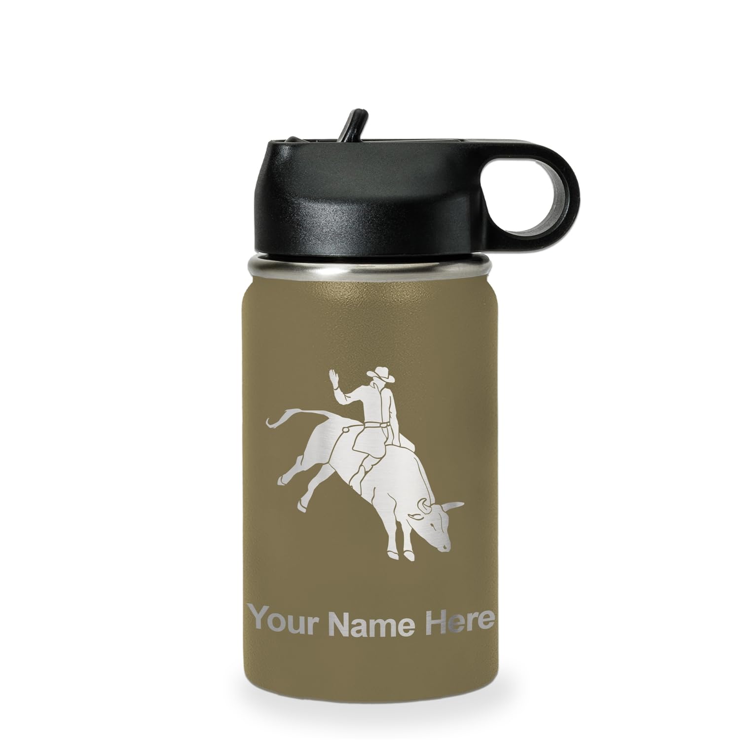 LaserGram Personalized Water Bottle, Bull Rider Cowboy, Stainless Steel Double Wall Vacuum Insulated with Flip Top Straw, Custom Engraved Gift (12oz /