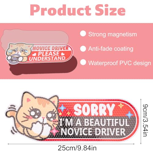 Image of 3pcs Student Driver Magnet for Car, 9.84x3.54in Funny Pink Reflective Novice Driver Magnetic Bumper Stickers Cute Cat Safety Awareness Sign for Rookies Weather Resistant & Detachable