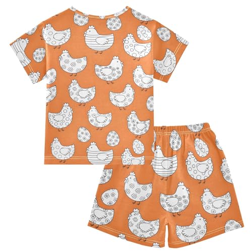 Pajama Short Sets Chicken Eggs Pattern on Orange Soft Cotton Summer Sleepwear 2 Piece PJS Size 5-14T2
