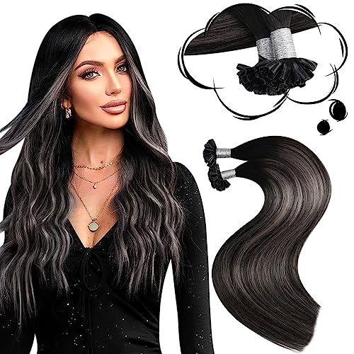 Moresoo U Tip Hair Extensions Real Human Hair Balayage Off Black and Silver Hot Fusion Keratin Bond Hair Extensions 14 Inch 40g/50s #1B/silver/1B