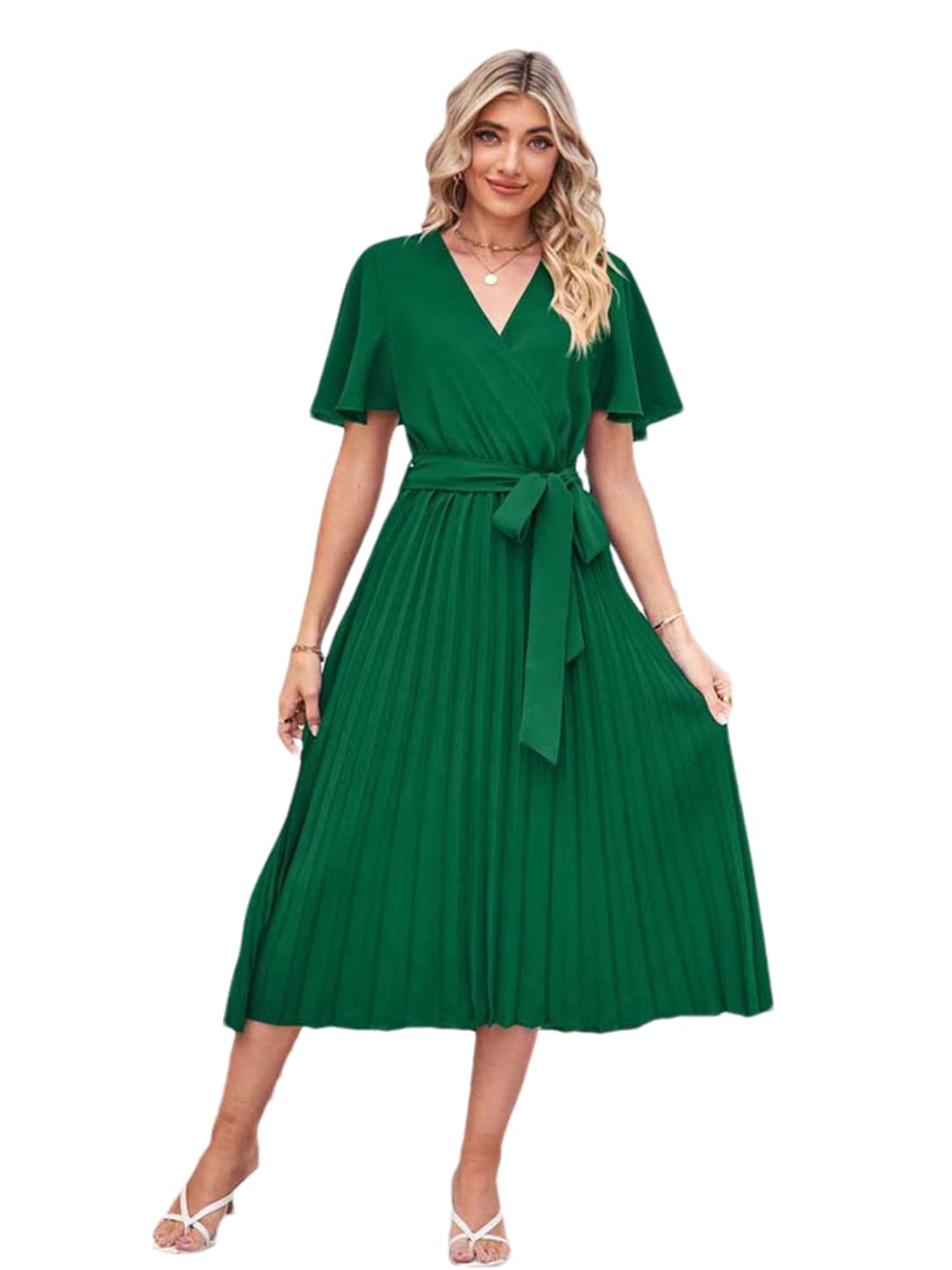Robe d'été plissée à manches courtes et col en V fluide - 7