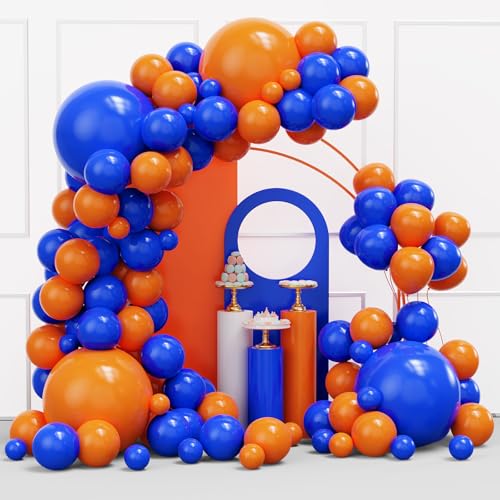 Image of YMSZ Blue and Orange Balloons Arch Kit, 134pcs Royal Blue and Orange Balloons for Birthday, Graduation, Baby Shower Party Decorations