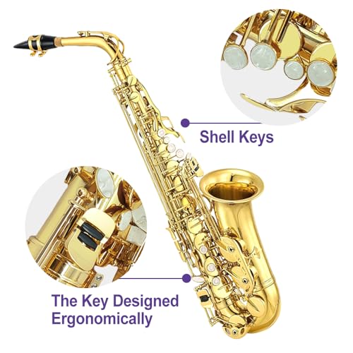 YoungMonic E-flaches Altsaxophon für Anfänger und professionelle Saxophone, Studenten, Altsaxophon, mit Tragetasche, Mundstückriemen, 10 Blätter, Saxophon, Anfänger-Set