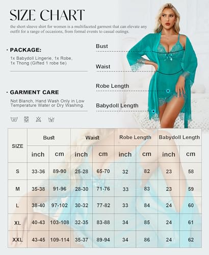 Image of RSLOVE Women Sexy Lingerie Set 3 Piece Babydoll & Lace Kimono Robe Strap Chemise Sleepwear Mesh Nightgown