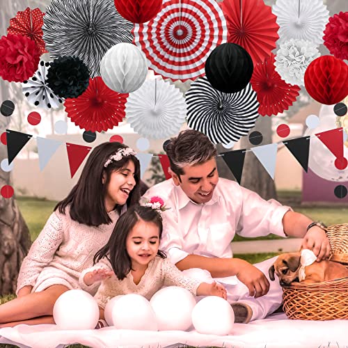Image of 23Pcs Red Black Party Decorations with Hanging Paper Fans Honeycomb Balls