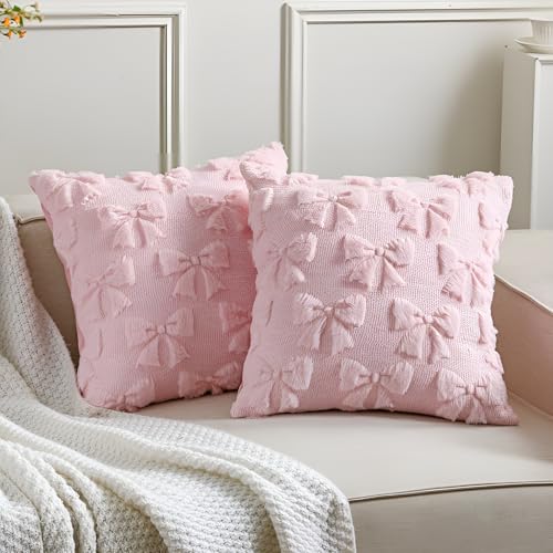 Image of Mixweer Pink Bow Pillow Covers Set of 2 Preppy Room Decor Coquette Cute Spring Summer Decorative Faux Fur Soft Bowknot Stuff Fluffy Plush Aesthetic Pillowcase for Bed Sofa Couch (18 x 18 Inch)