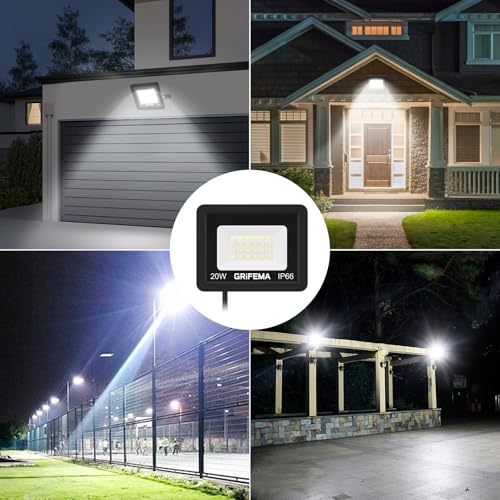GRIFEMA 20W LED Strahler Außen, [2 Stück] 2200LM, 6500K Kaltweiß, IP66 Wasserdicht, Verstellbarer 180° Halter, für Garten, Garage, Hof, Außenbeleuchtung, Ohne Stecker, Schwarz