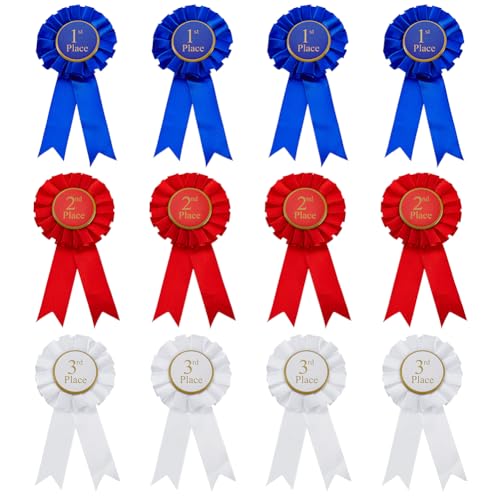 AHANDMAKER 12 Teiliges Rosetten Set Für Den 1. 2. und 3. Platz Rosettenbänder Aus Satin Teilnahmebänder In Blau Rot Und Weiß Für Die Talentshow Im Klassenzimmer