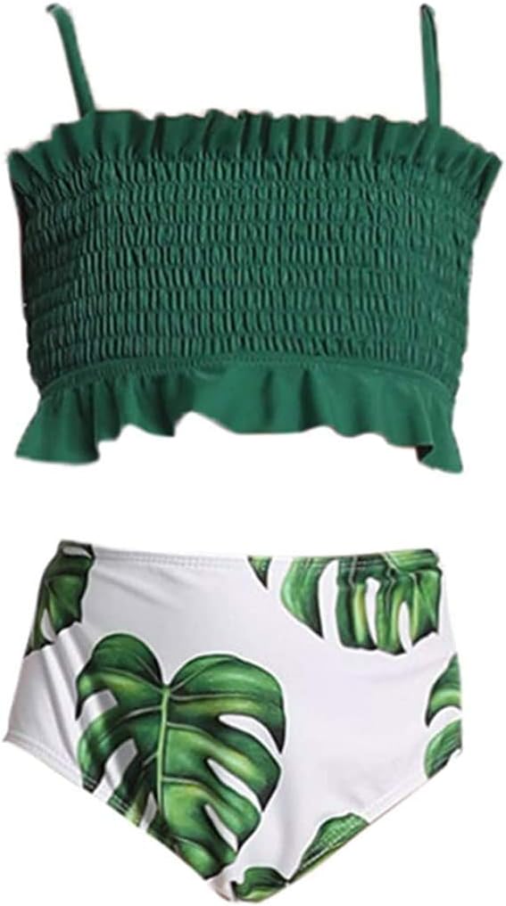 Girl's Crop Flounce Two Piece Haler Swimsuit, Green, 10-12 Years