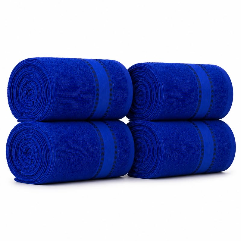 Image of TowelWala Premium Hand Towel Soft Absorbent Quick Dry (Blue, Pack of 4) | Premium 550 GSM cotton with woven border-quick drying and perfect for bathroom, kitchen, gym, and travel.