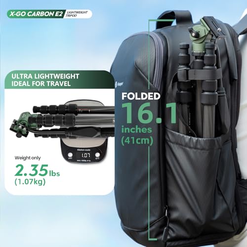 Image of Fotopro 62 inch Carbon Fiber Travel Tripod, Lightweight Compact Video Tripods with Fluid Head, Detachable Monopod with Arca-Swiss Quick Release Plate and Bag, Camera Tripod Load up to 8KG /17.63lbs, Green