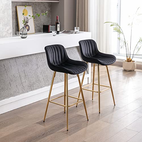 I-Pook Bar Stools Set Of 2 Velvet Upholstered Counter Height Barstools With Golden Leg And Footrest Modern High Back Bar Chairs For Dining Room Kitchen Island Pub, Black #TOP2