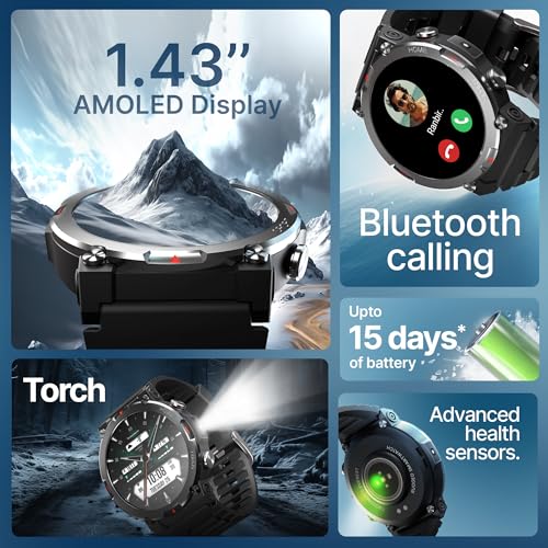 CrossBeats Everest 2.0 2026 Smart Watch for Men 1.43" True AMOLED, Always ON Display Bluetooth Calling Rugged Outdoor Flash Light Upto 15 Days Battery Life Smartwatch 100+ Sports Mode (Black) view 2