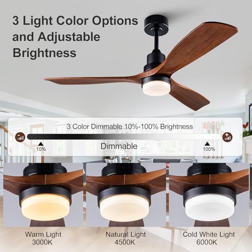 Image of 52 Inch Outdoor Ceiling Fans with Lights and Remote Control, Dimmable Outdoor Ceiling Fans for Patios 3 Blade Wood Black Walnut Bedroom Ceiling Fan with Light, Wall Switch