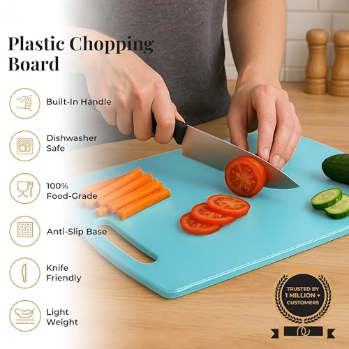 Image of SNKM - Chopping Cutting Board Plastic | with Handle | for Vegetables, Fruits, Meat, Fish, Cheese & Bread | Premium Food Grade, 100% BPA-Free, Dishwasher Safe | Medium, Turquoise Blue, Set of 1