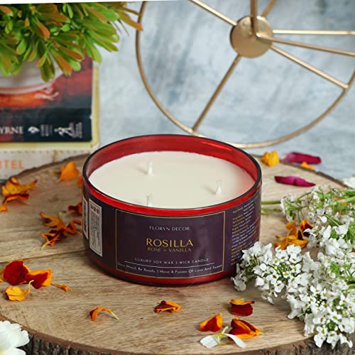 Image of Floryn Decor 3 Wick Candle | Candle for Home Decoration | Luxury Candle for Home Decor | | Burning Time - 40 Hours | Soy Wax Candles Scented (Rose + Vanilla)