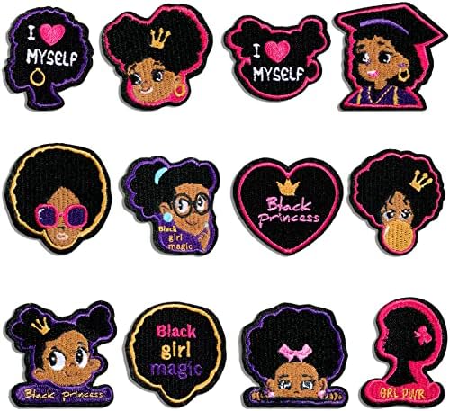 12 Pieces Black Girl Embroidered Patches Iron Sew on Patch Applique GRL PWR Princess Rules Fabric Clothing Accessories Badge DIY for Clothes Jackets Hat Jeans Backpack Decoration Appliqued