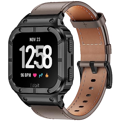 BAITEYOU Leather Bands with Stainless Steel Case Compatible with Fitbit Versa 1 2 3 4 Lite, Fitbit Versa Lite/Fitbit Sense 2/ Fitbit Sense Band, Protective Case Smartwatch Straps Wristbands Men women