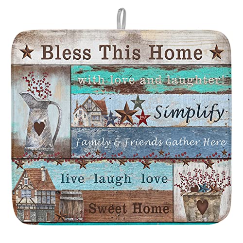 LIFEMUSION Farmhouse Teal Brown Wood Dish Drying Mat for Kitchen Counter, Country Star Rustic Barn Baby Bottle Microfiber Drying Pad, Absorbent Coffee Cup Dishes Drainer Mats 16''x18''