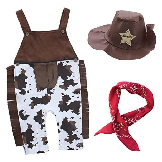 IEFIEL Pantalones de Peto Disfraces de Vaquero Conjuntos Algodón para Bebé Niño Disfraz Halloween Cosplay con Sombrero Pañuelo Mameluco de Carnaval Marrón 6-12 Meses