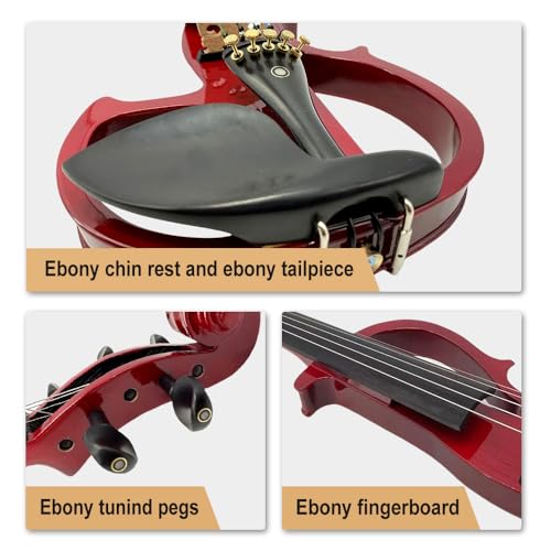 Image of Vetimobato Electric Violin 4 /4 Full Size Solid Wood Silent Violin Set for Adults Beginner Practice Electric Fiddle with Ebony Fittings Hard Case & Bow(5 String Burgundy)