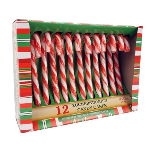 MC-Trend Zuckerstangen 12 Stück – Essbare Weihnachtsdeko mit Pfefferminz-Geschmack, ideal als Baumschmuck und festliche Süßigkeit zu Weihnachten (12er Set)
