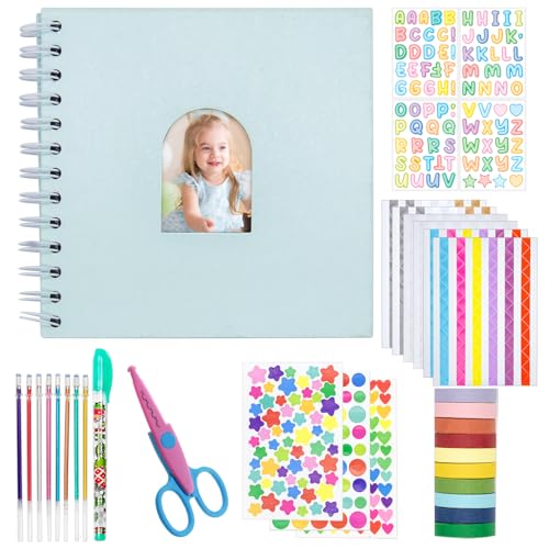 Kid Scrapbook DIY Photo Album Hard Cover Scrapbook Kit for Kids Instant Camera Print Paper with DIY Accessories (Blue)