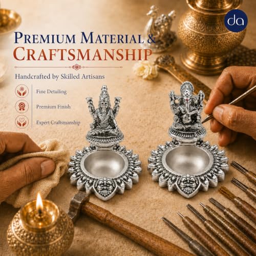 Image of 999 Silver Plated Lakshmi Ganesha Diya for Pooja - Set of 2 | Handcrafted Deepak for Home Mandir & Office, Diwali Decoration & Festive Gifting