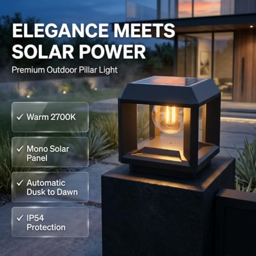 Image of Hardoll Solar Pillar Light Outdoor Waterproof | Warm Solar Gate Light for Home, Garden & Wall | Lamp for Balcony, Fence, Terrace & Pathway | 10-12H Backup | IP54