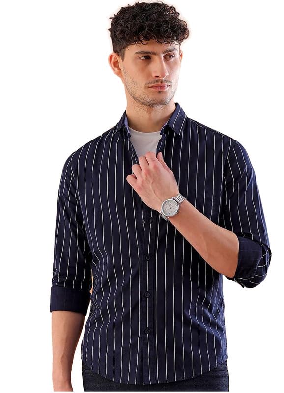 Image of Men's Cotton Casual /Semi Formal Stylish Striped Shirt for Men Navyblue