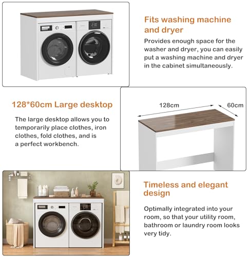 Wasmachinekast, wasmachinekast met grote werktafel, moderne kast boven de wasmachine en droger, bovenbouwkast geschikt voor wasmachine en wasdroger, 60 x 128 x 97 cm - Afbeelding 5