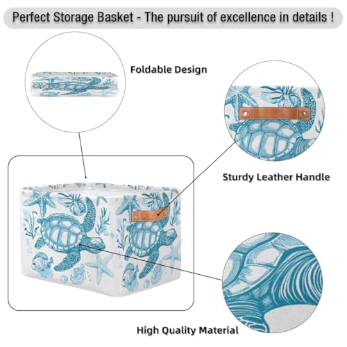 Image of Sea Turtle Storage Baskets for Organizing, Fabric Collapsible Storage Bins Box Ocean Animal Fish Decorative Toy Organizer Baskets for Closet Shelves Gift Basket 1 Pc