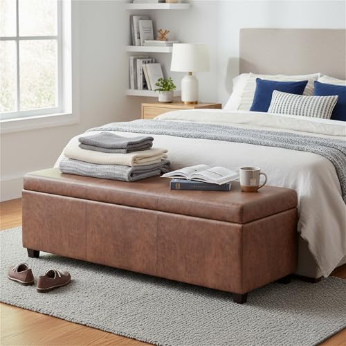 Image of SIMPLIHOME Avalon 54 inch Vegan Leather Ottoman in Distressed Pecan Brown