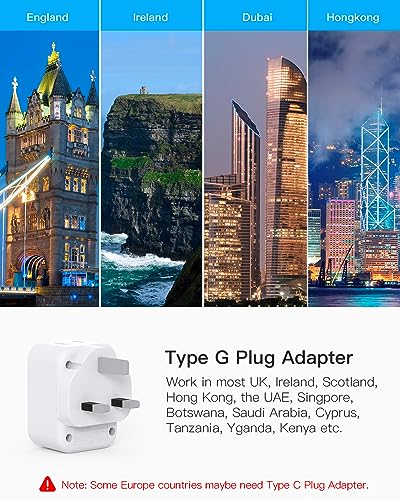 Image of HANYCONY US to UK Ireland Travel Plug Adapter, Type G Travel Adapter 2 Outlets 3 USB Ports(2USB C), UK Power Adapter Converter for USA to Dubai England London Scotland British Kenya Irish Hongkong