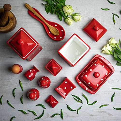 City to Cottage® Czerwone i białe kropki kropki kropki ręcznie malowane ceramiczne kuchnia zestaw do przechowywania serwowania 10 sztuk | Duże i małe pojemniki - słoiki na przyprawy, naczynie na masło, kubki na jajka,