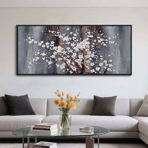 Image of AJAZIKO Large Plum Blossom Canvas Wall Art, Brown Wall Decor, Living Room Cherry Blossom Bedroom Pictures, Framed Artwork, Modern Canvas Paintings, 31x70