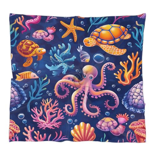 Ocean Turtle Octopus Pattern Silk Feeling Scarf for Women 23.6 Inch Bandana Lightweight Breathable Square Neck Satin Scarfs Fashion Silk Like Head Scarf Neckerchief for Bag Hair Scarves Decor Gift