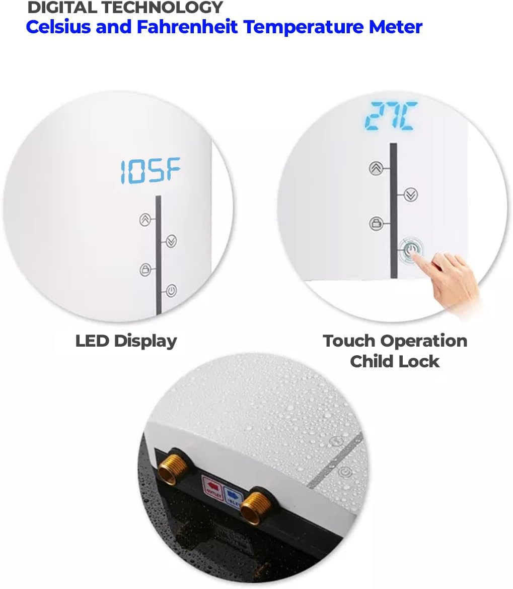 Avicar USA ECOCARR15, Electric Tankless Water Heater 220/240V, 14.6W Instant on Demand Hot Water, Overheating/Leakage Protection, Self-Modulating to Save Energy Use for Shower, Faucet, Kitchen, Spa - - 