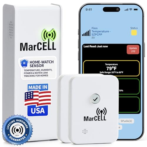MarCELL Home/Cottage Watch Bundle (Verizon) – No Wi-Fi Cellular Cabin &amp; Vacation Monitor, Freeze &amp; 2 SPuck Leak Sensors, Made in USA