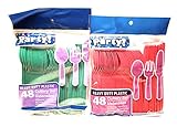 Heavy Duty Plastic Cutlery Set - Red and Green - 96 ct - 32 spoons, 32 forks, 32 knives