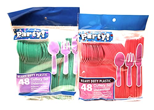 Heavy Duty Plastic Cutlery Set - Red and Green - 96 ct - 32 spoons, 32 forks, 32 knives