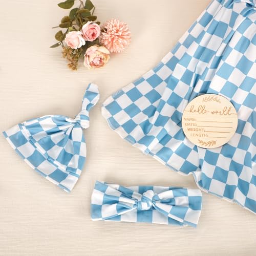 Image of TANOFAR 4-Pack Newborn Swaddle Blanket for Baby Girls & Boys, Ultra Soft Receiving Blankets with Matching Headband and Beanie Set Baby Nursery Swaddle Wrap (Blue Checkerboard)