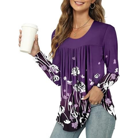 BETTE BOUTIK Ladies Long Sleeve Shirts Womens Scoop Neck Blouse Purple Flower Tunic Tops X-Large Cover