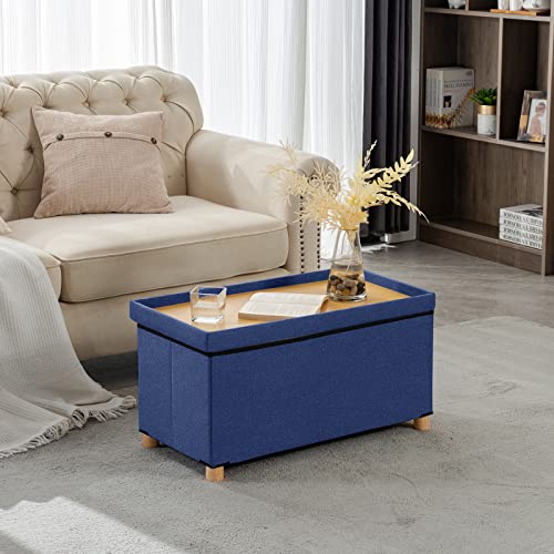 BRIAN & DANY Ottomaanse opbergdoos met 4 houten poten, linnen opbergpoef voor woonkamer, blauw, 76 x 38 x 38 cm - Afbeelding 3