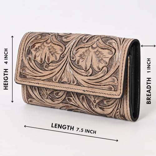Hantooled Leather Wallet RFID Blocking, Trifold Ladies Purse, Flower Handtooled and Carved long Clutch, 1 Back Zip pocket, Wallet For Women (Light brown)4