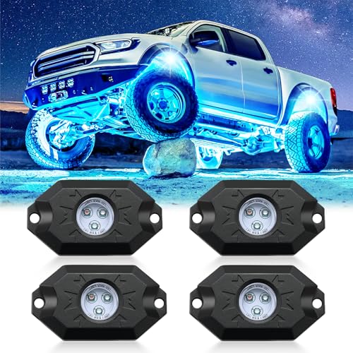 LivTee RGB LED Rock Lights Kit, 4 Pods Waterproof Underglow Neon Lights with Bluetooth App Control -...